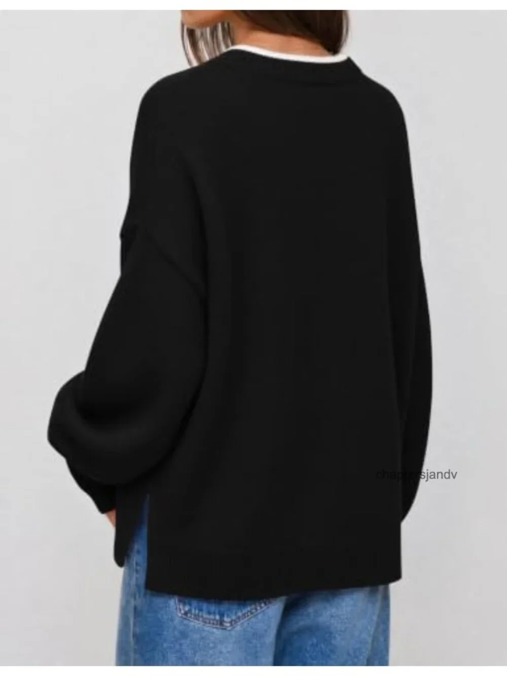Oversized Batwing Sleeve Pullover Sweater Contrast Trim Crew Neck